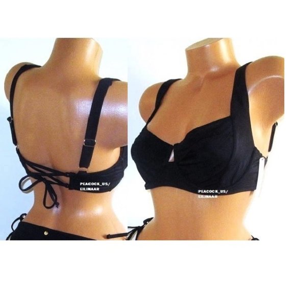32DD VICTORIA SECRET SWIM Lace Up Back Bikini Top Strappy back Solid Black - Picture 1 of 6
